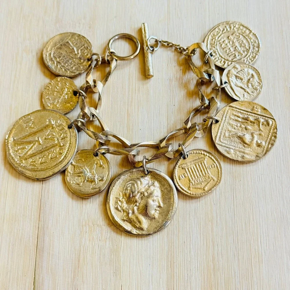 Runway Charm Bracelet VtG Greek Roman Coin Statement Dangle Gold Plated Chunky